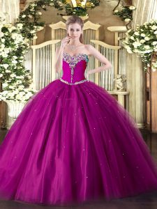 Top Selling Fuchsia Tulle Lace Up Sweetheart Sleeveless Floor Length Sweet 16 Quinceanera Dress Beading