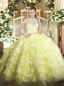 Custom Designed Tulle Sleeveless Floor Length Quince Ball Gowns and Lace and Ruffled Layers
