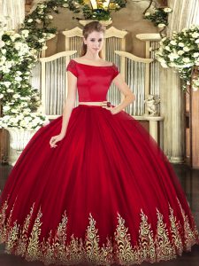 Wine Red Zipper Off The Shoulder Appliques 15th Birthday Dress Tulle Short Sleeves