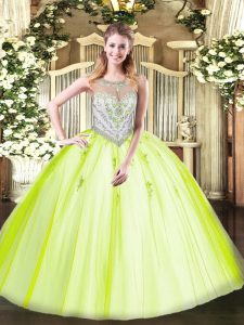 Glorious Floor Length Zipper Vestidos de Quinceanera Yellow Green for Military Ball and Sweet 16 and Quinceanera with Beading and Appliques