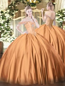 Satin Off The Shoulder Sleeveless Lace Up Beading Quinceanera Gowns in Rust Red