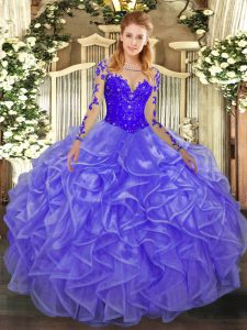 Organza Scoop Long Sleeves Lace Up Lace and Ruffles Sweet 16 Quinceanera Dress in Lavender