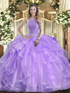 Fine Lavender Organza Lace Up High-neck Sleeveless Floor Length Quinceanera Gown Beading and Ruffles