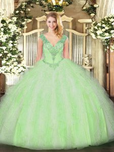 Hot Sale Beading and Ruffles Quinceanera Dresses Yellow Green Lace Up Sleeveless Floor Length