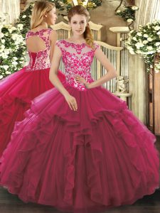 Adorable Beading and Ruffles Sweet 16 Quinceanera Dress Fuchsia Lace Up Sleeveless Floor Length