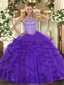 Customized Purple Ball Gowns Organza Halter Top Sleeveless Beading and Ruffles Floor Length Lace Up Quinceanera Dress