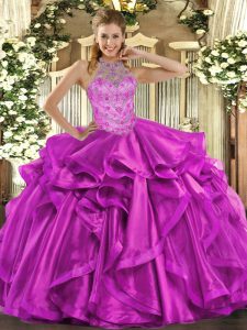 Super Fuchsia Halter Top Neckline Beading and Embroidery and Ruffles Sweet 16 Dress Sleeveless Lace Up