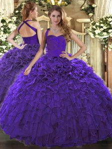 Customized Halter Top Sleeveless Lace Up 15th Birthday Dress Purple Organza
