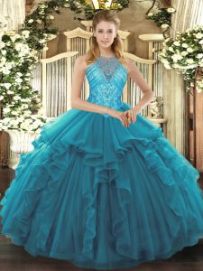 Delicate Teal Lace Up High-neck Beading and Ruffles 15th Birthday Dress Organza Sleeveless