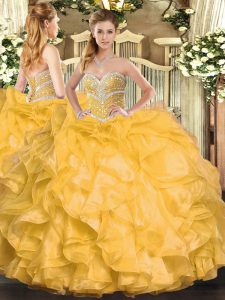 Floor Length Lace Up Quinceanera Gown Gold for Military Ball and Sweet 16 and Quinceanera with Beading and Ruffles