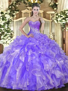 Chic Organza Sweetheart Sleeveless Lace Up Beading and Ruffles Quinceanera Gowns in Lavender