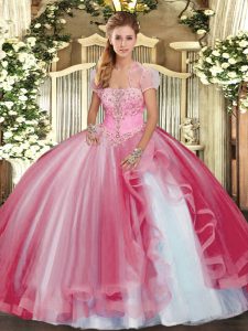 Pink Ball Gowns Strapless Sleeveless Tulle Floor Length Lace Up Beading and Ruffles Quinceanera Dress