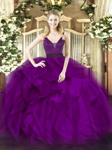 Purple Sleeveless Floor Length Beading and Ruffles Zipper Quinceanera Gowns