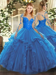 Blue Ball Gowns Lace and Ruffles Quince Ball Gowns Lace Up Tulle Long Sleeves Floor Length