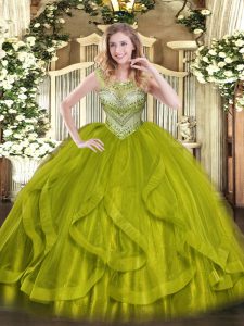 Sleeveless Tulle Floor Length Lace Up Sweet 16 Dresses in Olive Green with Beading
