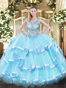 Floor Length Lace Up Quinceanera Dresses Aqua Blue for Military Ball and Sweet 16 and Quinceanera with Beading and Ruffled Layers
