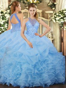 Dramatic Organza Halter Top Sleeveless Lace Up Beading and Ruffles and Pick Ups Quinceanera Gowns in Aqua Blue