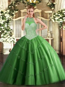 Fine Green Lace Up Halter Top Beading and Appliques Quinceanera Gown Tulle Sleeveless
