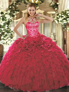 Organza Halter Top Sleeveless Lace Up Beading and Ruffles Sweet 16 Dresses in Red