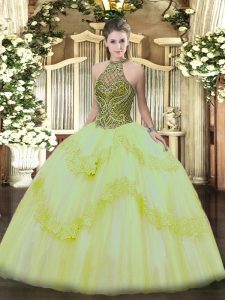 Trendy Floor Length Lace Up 15 Quinceanera Dress Light Yellow for Military Ball and Sweet 16 and Quinceanera with Beading and Appliques