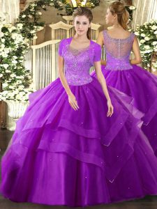 Floor Length Ball Gowns Sleeveless Eggplant Purple Quince Ball Gowns Clasp Handle