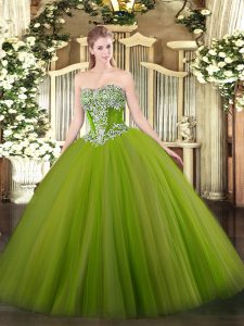 Tulle Strapless Sleeveless Lace Up Beading Quince Ball Gowns in Olive Green