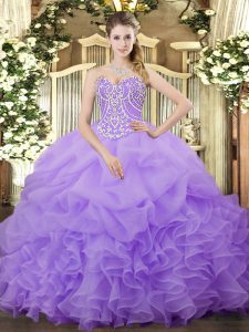 Sweetheart Sleeveless Organza Ball Gown Prom Dress Beading and Ruffles and Pick Ups Lace Up