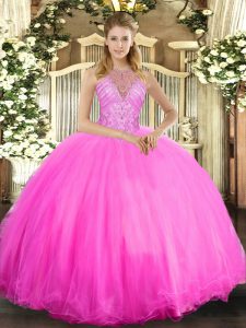 Sweet Rose Pink Tulle Lace Up Vestidos de Quinceanera Sleeveless Floor Length Beading