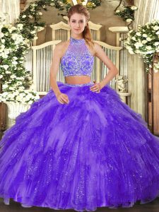 Purple Sleeveless Tulle Criss Cross 15th Birthday Dress for Military Ball and Sweet 16 and Quinceanera
