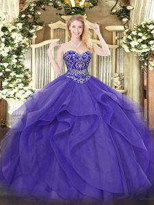 Shining Tulle Sweetheart Sleeveless Lace Up Beading and Ruffles 15 Quinceanera Dress in Purple