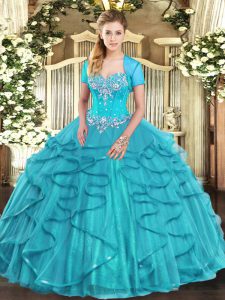 Modern Aqua Blue Tulle Lace Up 15 Quinceanera Dress Sleeveless Floor Length Beading and Ruffles