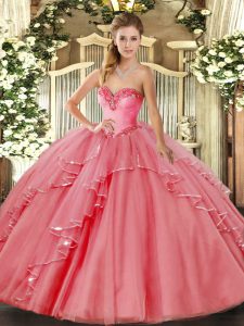Wonderful Watermelon Red Sleeveless Beading and Ruffled Layers Floor Length Quinceanera Dresses