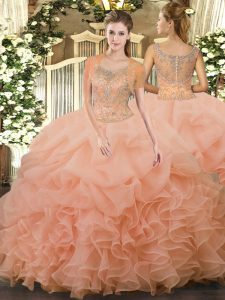 Peach Tulle Clasp Handle Quinceanera Gown Sleeveless Floor Length Beading and Ruffled Layers