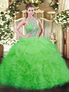 Comfortable Tulle Lace Up Quinceanera Gowns Sleeveless Floor Length Beading and Ruffles