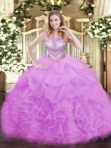 Floor Length Lace Up Sweet 16 Dress Lilac for Sweet 16 and Quinceanera with Beading and Ruffles and Pick Ups