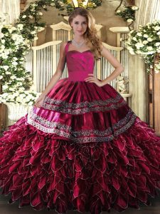 Hot Selling Wine Red Sleeveless Embroidery and Ruffles Floor Length Sweet 16 Quinceanera Dress