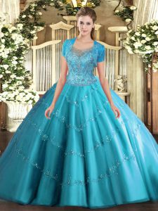 Aqua Blue Ball Gowns Tulle Scoop Sleeveless Beading and Appliques Floor Length Clasp Handle Quinceanera Dress