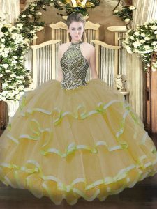 Floor Length Gold Quinceanera Gowns Halter Top Sleeveless Lace Up