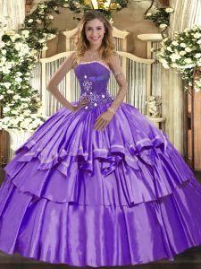 Lavender Ball Gowns Organza and Taffeta Strapless Sleeveless Beading and Ruffled Layers Floor Length Lace Up Ball Gown Prom Dress
