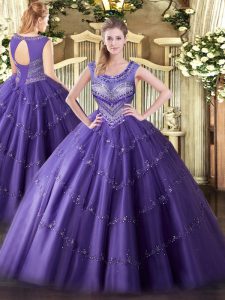 Purple Lace Up Vestidos de Quinceanera Beading and Appliques Sleeveless Floor Length
