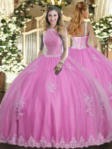 Cheap Sleeveless Tulle Floor Length Lace Up Quinceanera Gown in Rose Pink with Beading and Appliques