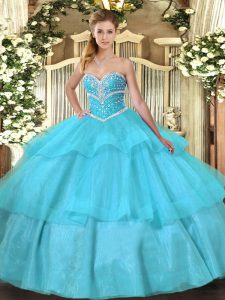 Latest Sweetheart Sleeveless Tulle Quinceanera Gown Beading and Ruffled Layers Lace Up