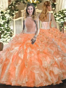 Flirting Orange Red Ball Gowns High-neck Sleeveless Organza Floor Length Lace Up Beading and Ruffles 15 Quinceanera Dress