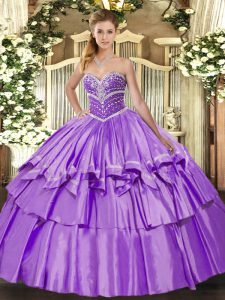 Custom Designed Floor Length Lavender Ball Gown Prom Dress Organza and Taffeta Sleeveless Beading and Ruffled Layers