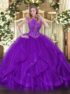 Flare Floor Length Purple Vestidos de Quinceanera Scoop Sleeveless Zipper