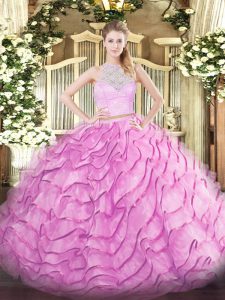 Unique Rose Pink 15 Quinceanera Dress Military Ball and Sweet 16 and Quinceanera with Lace and Ruffled Layers Scoop Sleeveless Brush Train Zipper