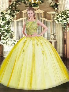 Hot Sale Tulle Scoop Sleeveless Lace Up Beading and Appliques Sweet 16 Dress in Yellow