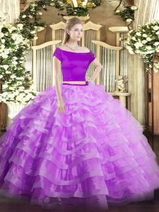Edgy Short Sleeves Floor Length Appliques and Ruffled Layers Zipper Sweet 16 Dress with Lilac