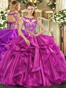 Stunning Fuchsia Sleeveless Beading and Appliques and Ruffles Floor Length Quince Ball Gowns