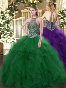 Floor Length Lace Up Quince Ball Gowns Green for Sweet 16 and Quinceanera with Beading and Ruffles